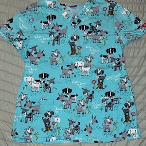 Teal Goat Print Scrub Top